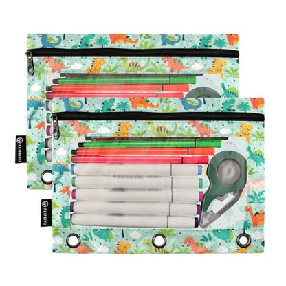 Funny Dinosaurs Pencil Pouches for 3 Ring Binder, Zipper Binder Pencil Case, 2 Pack Clear Window Case Bag for Office Organizers - color: Funny Dinosaurs