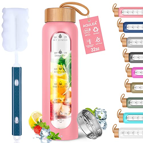 Aqulea Glass Water Bottles 32 Oz with Silicone Sleeve - BPA Free Reusable Wide Mouth Glass Motivational Water Bottles with Fruit Infuser – Leak Proof Borosilicate Water Bottle with Time Marker (Pink) - color: Pink, size: 32 Ounces