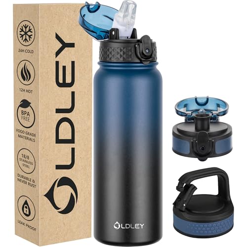 Oldley Insulated Water Bottle 20oz Water Bottles with Straw, Stainless Steel Water Bottle with 3 Lids, Double Wall Vacuum Bottles for Adult Kids, Sports Bottles for School Travel,Blue-black - color: Blue-black, size: 20 Ounces