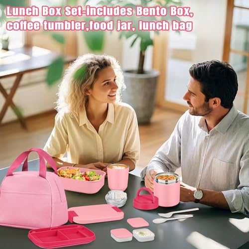 Large Bento Lunch Box Set for Adults Kids Women with 10.5oz Soup Thermo,Coffee Tumblers Men Girls Boys Teenagers Leak-Proof Lunch Food Containers with Lunch Bag - color: Beauty Pink