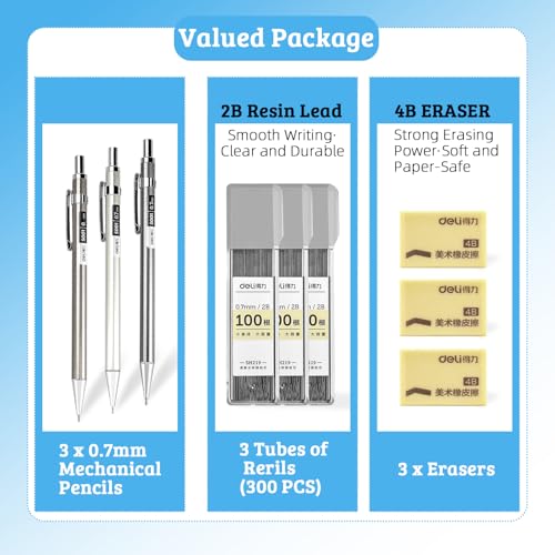 deli 0.7mm Metal Mechanical Pencil Set, 3 PCS Mechanical Pencils with 3 Tubes 2B Lead Refills and 3 Erasers, Writing & Drawing Pencil Kit for Back to School Stationery Supplies - color: 0.7mm