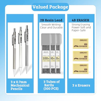 deli 0.7mm Metal Mechanical Pencil Set, 3 PCS Mechanical Pencils with 3 Tubes 2B Lead Refills and 3 Erasers, Writing & Drawing Pencil Kit for Back to School Stationery Supplies - color: 0.7mm