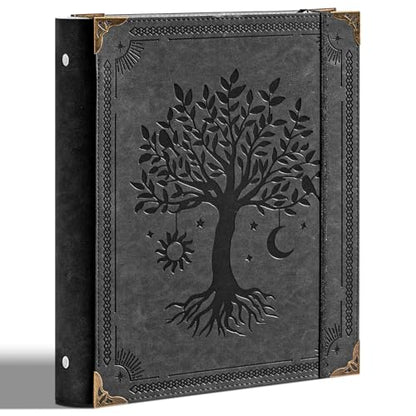 Ovesmusl PU Leather 3 Ring Binder Fits 8.5"x11" Letter Size Paper, 2 Inch Round Ring Binder Holds 500 Sheets, Notepad Paper Cover Loose Leaf Organizer, Black Tree - color: Black Tree, size: 2" Ring
