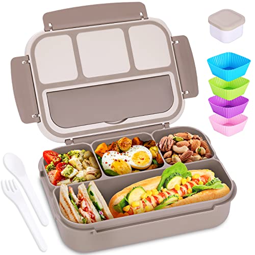 Bento Box Adult Lunch Box, Containers for Adults Men Women with 4 Compartments, Lunchable Food Container with Utensils, Sauce Jar, Muffin Liners, 40 Oz/5 Cup, Microwave & Dishwasher Safe, Brown - color: Brown