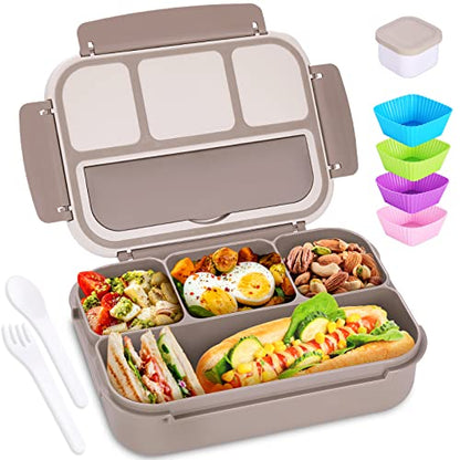 Bento Box Adult Lunch Box, Containers for Adults Men Women with 4 Compartments, Lunchable Food Container with Utensils, Sauce Jar, Muffin Liners, 40 Oz/5 Cup, Microwave & Dishwasher Safe, Brown - color: Brown