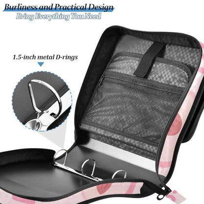 Korean-Style Pink Peaches 3 Rings 1.5 inch Binder with Zipper with Handle and Removable Shoulder Strap Easy to Carry Document Binder Organizer Suitable for Middle School Clip de cremallera escolar