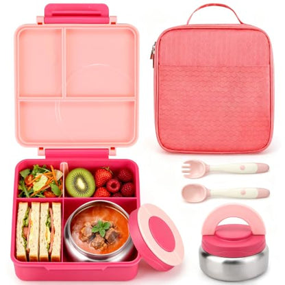 Bento Lunch Box for Girls with 8oz Soup Thermo & Lunch Bag, Leak-Proof Lunch Food Containers with 4 Compartment, Hot Food Insulated Food Jar for Kids School (Pink) - color: Pink