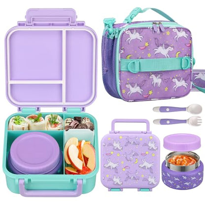 Kids Lunch Box Set with Bento Box, 9oz Stainless Steel Thermo & Insulated Lunch Bag – Hot & Cold Leakproof Lunch Container with Utensils for School & Travel - color: Purple