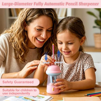 Rechargeable Electric Pencil Sharpener, 6-12mm Auto in & Out Fully Automatic Pencil Sharpener for Kids, Large Capacity Battery Powered, with Cartoon Stickers Ideal for Classroom & Home (Pink) - color: Pink