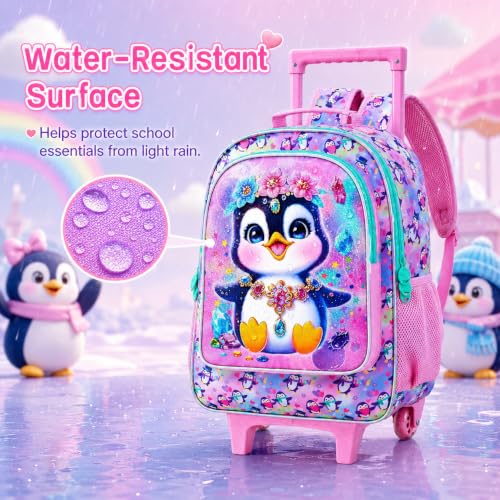 3Pcs Rolling Backpack for Girls, Kids Roller School Backpack with Wheels, Penguin Wheeled Bookbag for Elementary Preschool Kindergarten(Pink) - color: Penguin Pink