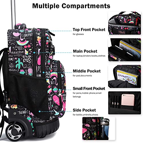 Tilami Rolling Backpack 18 inch Wheeled Backpack School College Student Travel Trip Boys and Girls - color: Ins Black