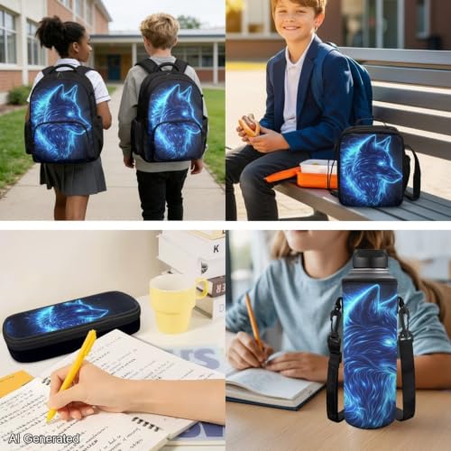 Galaxy Wolf Backpack for Boys Girls Backpack with Lunch Box Water Bottle Pouch & Soft Pencil Case 4PCS Set Bookbag with Front Pockets for School Teens 17 inch School Bag for Back to School - color: Blue Galaxy Wolf