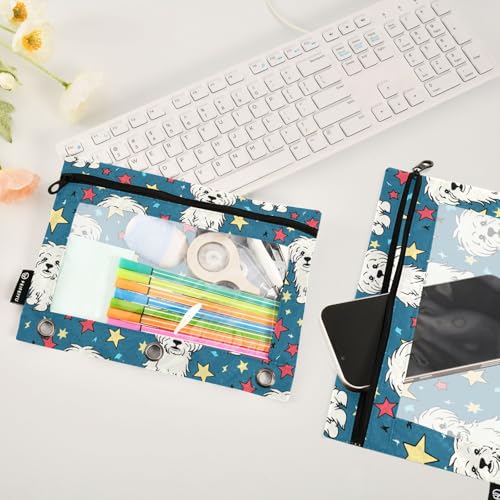 Fustylead Hand Draw Cartoon Maltese and Red Yellow Stars Pencil Pouch for 3 Ring Binders, Zipper Pencil Bags with Clear Window Organizer for Cosmetic Office School Students 2 Pack - color: Blue04 Maltese and Stars