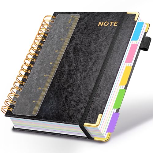 Hardcover Spiral Notebooks for Work 6.2"x 8.2", 300 Pages 5 Subject Notebook with Dividers & Tabs, A5 Spiral Journal for Women, College Ruled Notebook for School Note-Taking (Black) - color: Black, size: 6.2''x 8.2''
