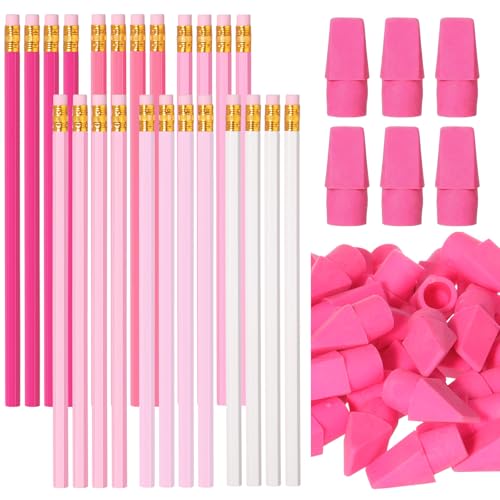 Gersoniel 24 Pack Pink Gradient No.2 HB Pencils with 48 Eraser Caps, Cute Aesthetic Wooden Unsharpened Pencils Bulk for Journaling, Writing, Desk Decor, Gift Bags and Everyday Use - color: Gradient Pink