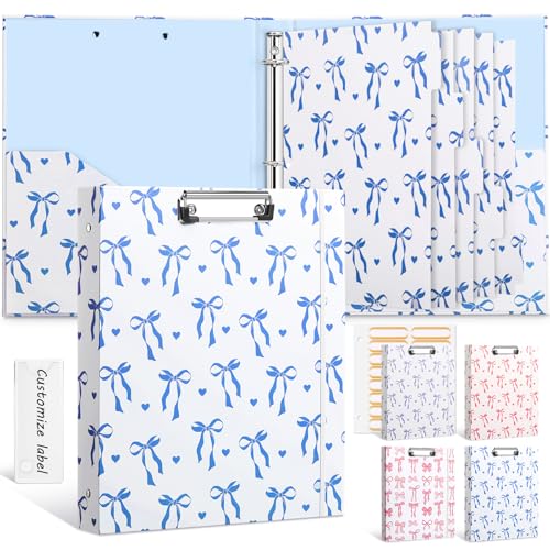 Colarr 3 Ring 1 Inch Blue Bow Binder with 2 Pockets Cute Bow Knot Clipboard Binder Organizer for Back to School 8.5" x 11" Letter Size 5 PVC Index Dividers with Tabs 18 Label Stickers Office Supplies - color: Blue, style: Classic