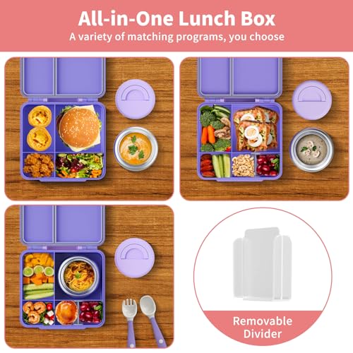 Bento Box for Kids with Thermo Food Container (9oz), 4-Compartment Lunch Box, Adjustable Divider, Leakproof Bento Lunch Box, Includes Utensils & Carry Bag for School, Office(Purple) - color: Pink