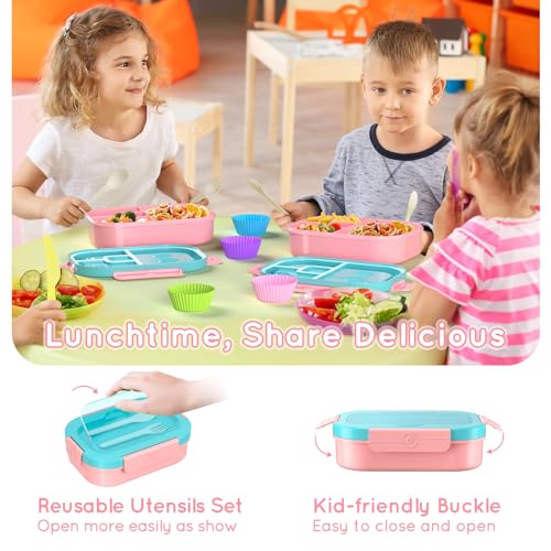 Lunch Box Kid Adult Bento Box, 4-Compartment Food Lunch Containers with Fork & Spoon, BPA Free, Leak-Proof Bento-Style Lunch Box for Work School, Microwave & Dishwasher Safe (Candy) - color: Candy