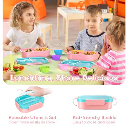 Lunch Box Kid Adult Bento Box, 4-Compartment Food Lunch Containers with Fork & Spoon, BPA Free, Leak-Proof Bento-Style Lunch Box for Work School, Microwave & Dishwasher Safe (Candy) - color: Candy
