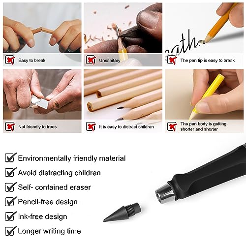 Ainiv Inkless Pencil Forever Pencil, 6 Sets Infinity Pencil Everlasting Pencil with Eraser, Reusable Infinite Pencil with Extra 6 Replaceable Nibs, Endless Pencil for Home Office School Supplies - color: 6 Sets Black and White