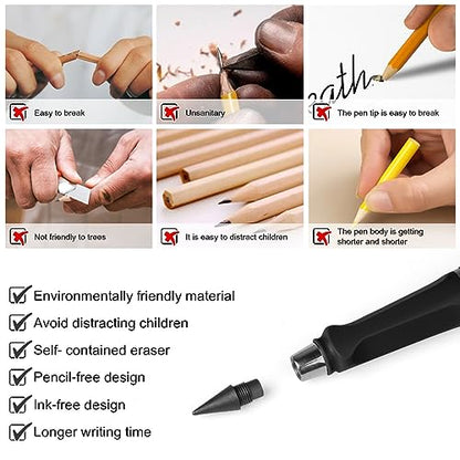 Ainiv Inkless Pencil Forever Pencil, 6 Sets Infinity Pencil Everlasting Pencil with Eraser, Reusable Infinite Pencil with Extra 6 Replaceable Nibs, Endless Pencil for Home Office School Supplies - color: 6 Sets Black and White