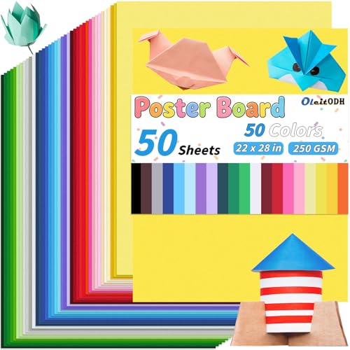 Oleitodh 50 Colors Large Poster Board 250GSM Thick Cardstock 50 Sheets, 22 x 28 Inch Colored Poster Paper for School Projects, Vision Boards, Signage, Art Crafts & Event Displays - color: 50 Colors, size: 22 x 28 Inch - 50 Sheets