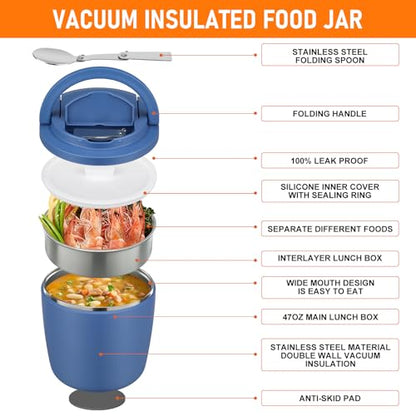 wiwens 40oz Insulated Lunch Containers for Adults Soup Thermo for Hot Food | Leak Proof Wide Mouth Vacuum Stainless Steel Thermal Jar Bento Box with Buckle Lid and Spoon - color: Blue