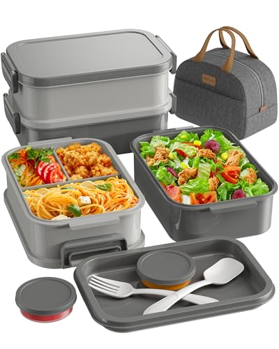 KEMETHY Adults Bento Lunch Box Set with Thermo Bag, 74oz Stackable Leak-proof 3-tiers Bento Box, Built-in Utensil and Sauce Container for Work, School, Dining Out (Gray) - color: Misty Grey