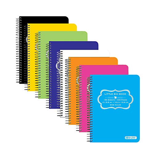 BAZIC PRODUCTS Poly Spiral Wide-Ruled Fat Book, 4 x 5.5 in, 8 Titles | 150 wide-ruled sheets, poly-cover spiral fat book, wire binding, compact 4 x 5.5 in, Durable wipe-clean cover - size: 8-Pack