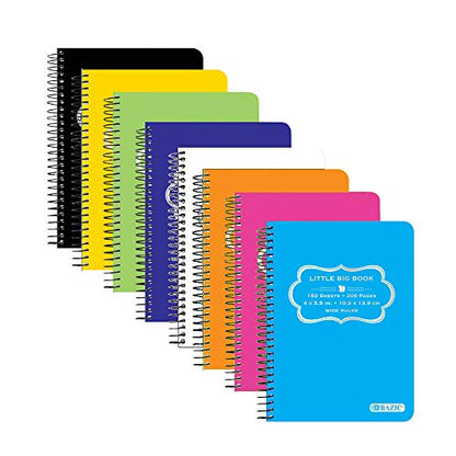 BAZIC PRODUCTS Poly Spiral Wide-Ruled Fat Book, 4 x 5.5 in, 8 Titles | 150 wide-ruled sheets, poly-cover spiral fat book, wire binding, compact 4 x 5.5 in, Durable wipe-clean cover - size: 8-Pack
