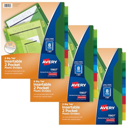 Avery Dividers for 3 Ring Binders, 8-Tab Sets, Two-Pocket Plastic Binder Dividers with Tabs, Multicolor, 3 Sets (71907)