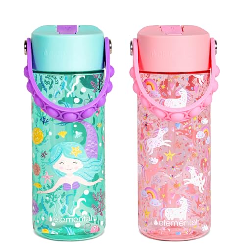 Elemental Leak Proof Water Bottles for Kids - Splash Kids Water Bottle for School with Pop-it Handle - Tritan Plastic Water Bottle with Straw - Mermaid & Pink Unicorn - 18oz (2 Pack) - color: Duo - Mermaid / Pink Unicorn