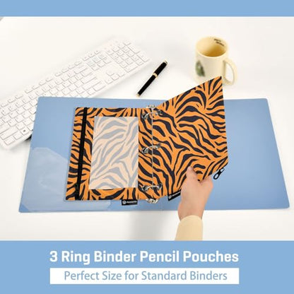 2 Pack 3 Ring Binder Pencil Pouch Tiger Print Pencil Case Pencil Bags with Zipper, Clear PVC Binder Pockets for Office Daily Supplies - color: Color 5