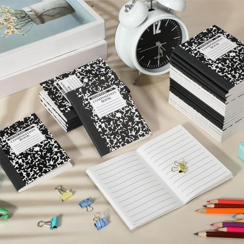 Resurhang 100 Pcs Mini Composition Notebook Bulk 100 Pages/50 Sheets Cute Pocket Composition Note Pad Small Marble Journal Notebooks College Ruled for Student Classroom Office Supplies(Black) - color: Black
