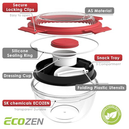 WHALEHOUSE 2-Pack 33 OZ Clear Eco-friendly SK chemicals ECOZEN Salad Container Sets, Portable Plastic Salad Bowls with Lid, Leak-Proof Dressing Container, Bento Lunch Box for Meal Prep & Food Storage - color: Red-2 Pack