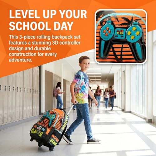Kids Rolling Backpack for Boys Game Controller Trolley Suitcases Luggage with Wheels Bookbag Wheeled 3pcs Preschool Students Elementary Teenagers Lunch Box Pencil Case Yellow for Age 5-10 - color: Yellow-0201-shoubing
