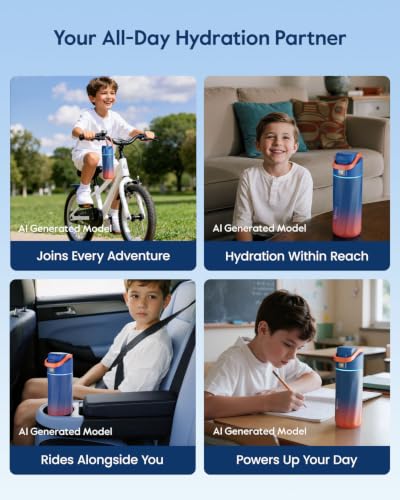 WATERH BOOST Kids Smart Water Bottle with Reminder & Tracker, 16oz | BPA-Free, Vacuum Insulated Stainless Steel, 24H Cold & 12H Hot, DIY Fridge Magnets, Rubber Base, Ideal for Travel & Camping - color: Ara Macao
