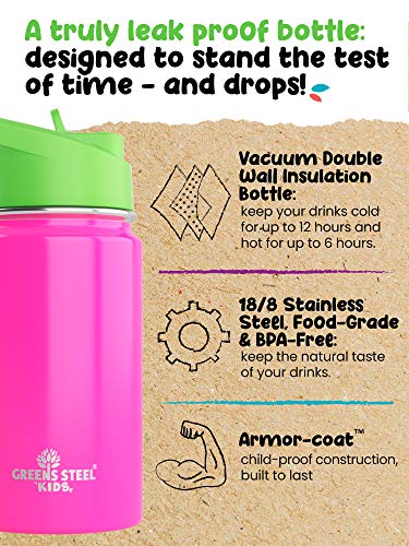 Kids Water Bottle - 12oz Pink | Leak Proof With Straw & Handle | 24 Hours Cold | Insulated, Double Wall Stainless Steel | Easy Sip Toddler Cup | Child's Flask | Eco Friendly - color: Pink