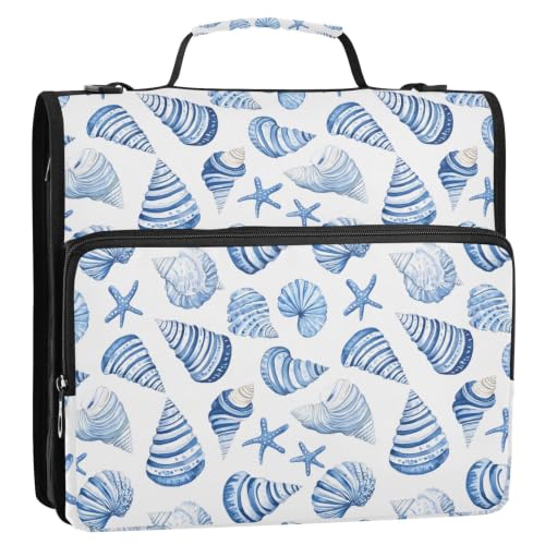 Seashell 3 Ring Zipper Binder Bag with Shoulder Strap for School | 2 Inch 3 Ring, Secure Zippered Closure, Organizer Pockets for Classification, Heavy Duty File Organizer - color: Seashell Starfish Blue