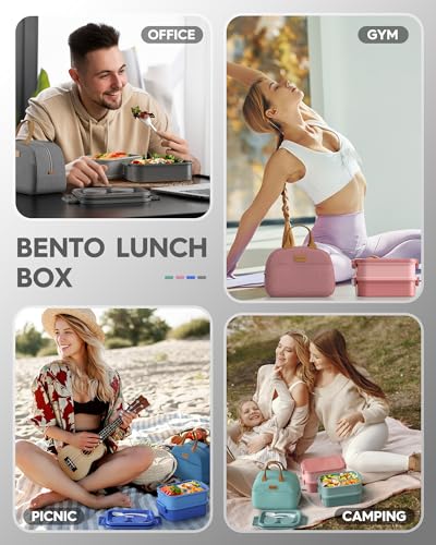 KEMETHY Adults Bento Lunch Box Set with Thermo Bag, 74oz Stackable Leak-proof 3-tiers Bento Box, Built-in Utensil and Sauce Container for Work, School, Dining Out (Gray) - color: Misty Grey