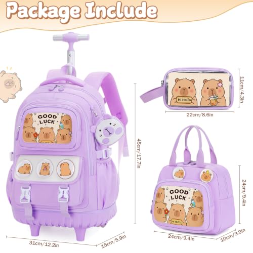 Capybara Rolling Backpack for Girls - 3PCS Girls Backpack Kids Suitcase with Lunch Box & Pencil Case Travel - Capybara Backpack with Wheels for Kindergarten Preschool Elementary (Purple) - color: Purple