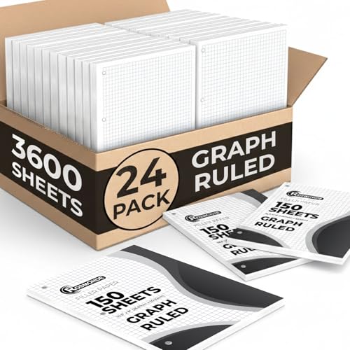 Rosmonde 3600 Sheets, Graph Paper Bulk, 24 Pack, Bulk Quad Ruled Sheets | Bulk Loose Leaf Paper, 8" x 10.5", 3 Hole Punched, Graph Ruled Filler Paper for Binders, 150 Sheets/Pack, School Supplies - color: Graph Ruled, size: 24 Pack (3600 Sheets)