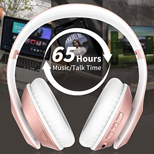 Wireless Bluetooth Headphones Over Ear 65H Playtime HiFi Stereo Headset with Microphone and 6EQ Modes Foldable Bluetooth V6.0 Headphones for Travel Smartphone Computer Laptop Rose Gold - color: Rose Gold