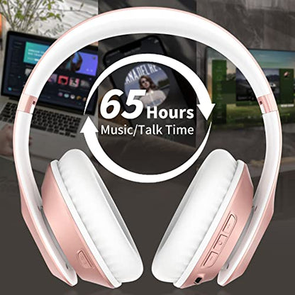 Wireless Bluetooth Headphones Over Ear 65H Playtime HiFi Stereo Headset with Microphone and 6EQ Modes Foldable Bluetooth V6.0 Headphones for Travel Smartphone Computer Laptop Rose Gold - color: Rose Gold
