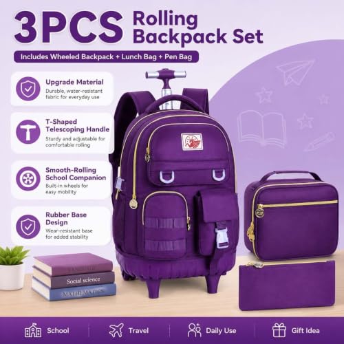 WZLVO Rolling Backpack for Girls Women, 21 inch Water Resistant Roller Wheels Backpacks, Wheeled Bookbag with Lunch Bag for Teen Elementary School Travel - Dark Purple - color: Dark Purple