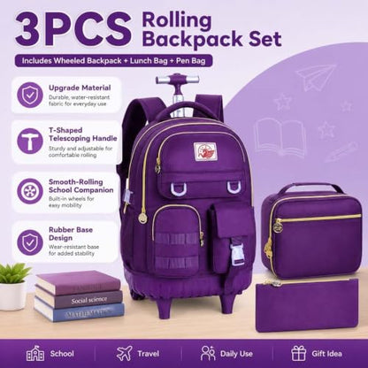 WZLVO Rolling Backpack for Girls Women, 21 inch Water Resistant Roller Wheels Backpacks, Wheeled Bookbag with Lunch Bag for Teen Elementary School Travel - Dark Purple - color: Dark Purple