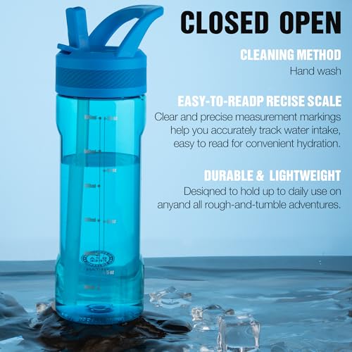 OLDLEY 20oz Kids Water Bottle with Straw, BPA-Free Tritan Water Bottle for School, Leakproof Clear Water Bottle with One Click Open, Measurement Scale, Cup Holder Friendly for Boys Girls,Blue - color: Blue