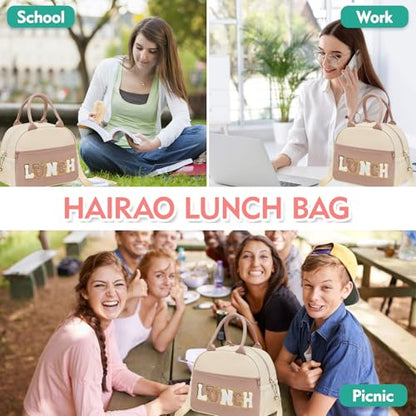 Lunch Bag for Girls and Women, Cute Preppy Lunch Bag with Chenille Letters, Insulated Large Capacity Lunch Tote with Detachable Strap for School, Work & Picnic, Coffee - color: Coffee
