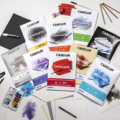 CANSON Graduate Mixed Media 200gsm A5 Paper, Double Sided: Grained and Smooth, Pad Glued Short Side, 30 Natural Sheets, Ideal for Student Artists
