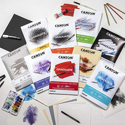 CANSON Graduate Mixed Media 200gsm A5 Paper, Double Sided: Grained and Smooth, Pad Glued Short Side, 30 Natural Sheets, Ideal for Student Artists